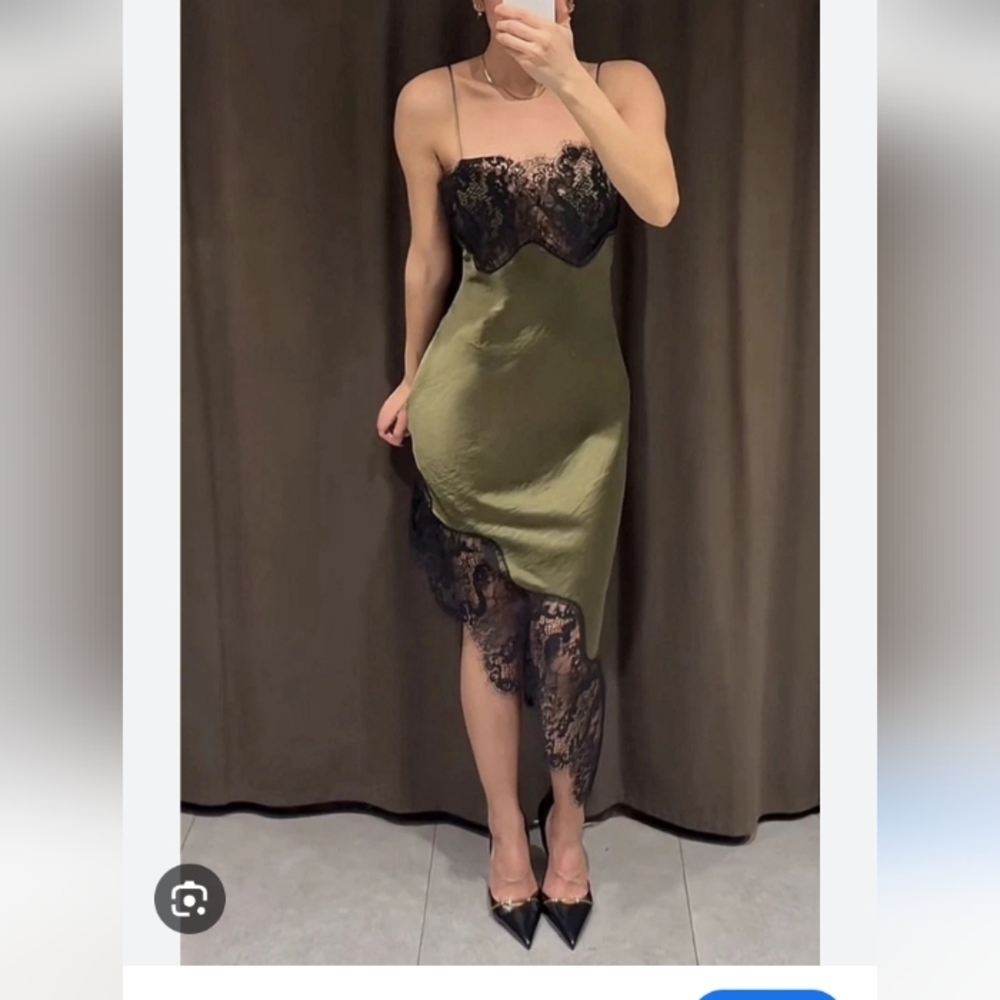Zara Zw Collection Asymmetric Trendy Green and Black Lace Dress - Picture 10 of 16
